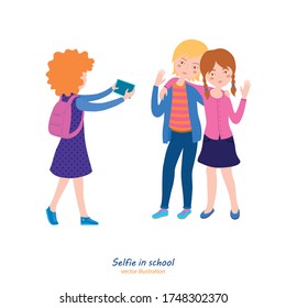 Girls making selfies. Teenager behavior concept. School relationships. Best friends. Editable vector illustration in bright cartoon style isolated on white background. 





