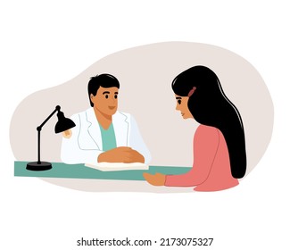 Girls and male doctor sitting and talking at the table.Consultation, patient in the doctor's office. Diagnosis. Vector flat cartoon illustration. Doctor's appointment.