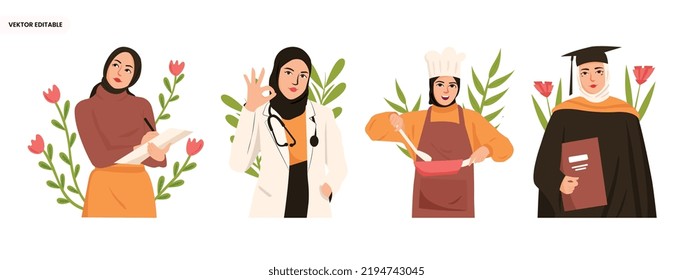 Girls In Many Profession With Hijab Or Head Scarf. Researcher, Doctor, Chef, Bachelor Degree. Vector Editable Illustration.