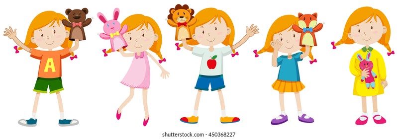 Girls and many puppet dolls illustration