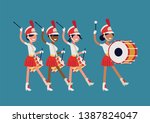 Girls marching band flat vector illustration. Abstract parade drummer girls marching along playing drums.