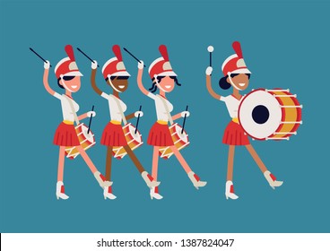Girls marching band flat vector illustration. Abstract parade drummer girls marching along playing drums.