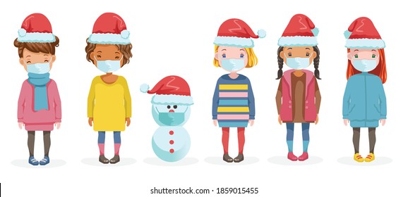 Girls mask and Christmas hats.
Different nationalities are different. Variety of children. Female heads. Picture of students. Snowman and Little girl. Winter fashion. prevent the spread COVID-19