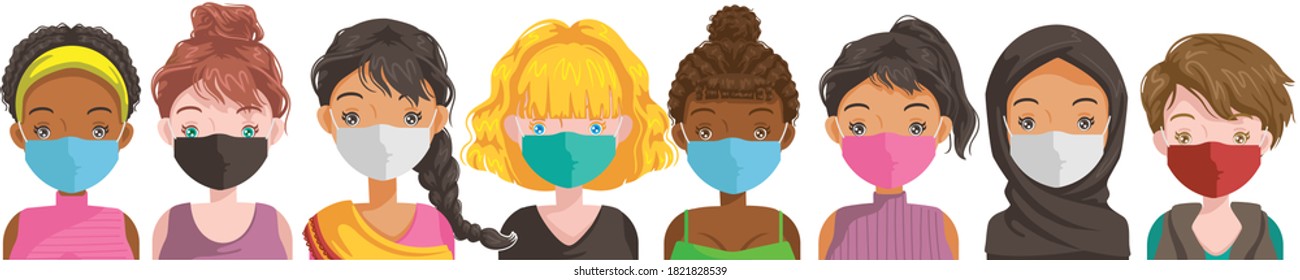 Girls mask group. Face of the girls collection.  Different nationalities are different of heads. Variety fashion hairstyleof women. Female mask medical set. Prevent COVID-19. Prevent dust pollution.