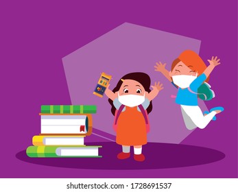 Girls with masks school books and bags design of Covid 19 virus theme Vector illustration