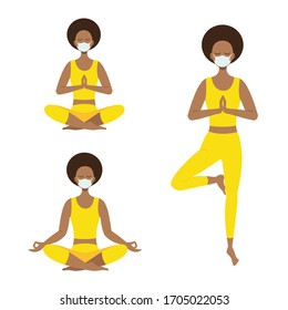 girls in a medical mask do yoga, meditate. The concept of isolation of home quarantine during a coronavirus pandemic. Vector stock illustration.