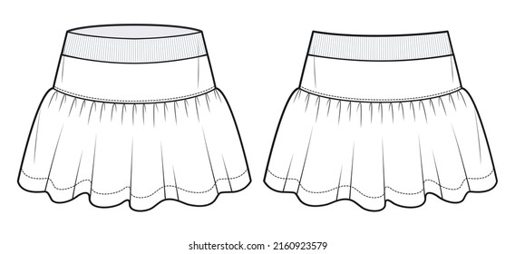 Girl's mini Skirt fashion flat sketch template. Women's ruffled Skirt fashion flat cad, front view, back view, white.