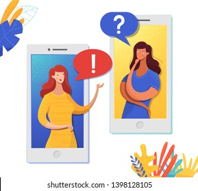 Girls misunderstanding online flat illustration. Friends talking, communicating via smartphones. Video conferencing, online support, consultation technology. Mother gives advice to confused daughter