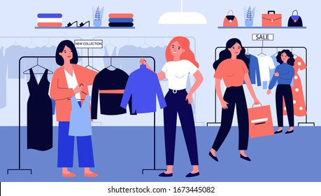 Girls at modern fashion store choosing clothes on hanger flat vector illustration. Shop customers buying dresses and garment. Product retail and marketing concept.