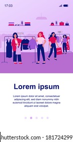 Girls at modern fashion store choosing clothes on hanger flat vector illustration. Shop customers buying dresses and garment. Product retail and marketing concept.