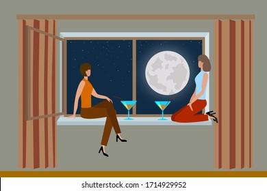 Girls moon and a cocktail.Two girls are sitting at the window looking at the moon and drinking a cocktail.Flat vector illustration.