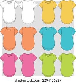 Girls multi color round neck t shirt with high and low flat sketch