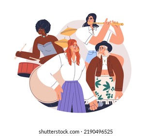 Girls music band with musicians play synthesizer, drum, flute instruments, vocalist with microphone. Women artists perform indie style. Flat graphic vector illustration isolated on white background