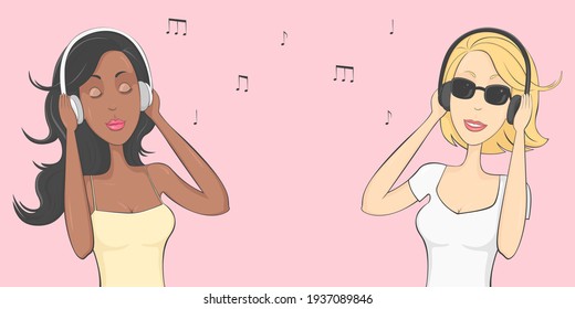 Girls - music fans in headphones. Poster. Vector illustration.