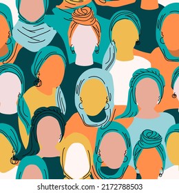 Girls, muslim woman crowd group in a headscarf, doodle vector style