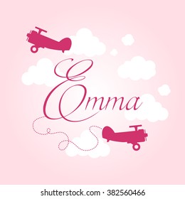 Girl`s name and retro planes in the clouds. Print for kids room. Personal name Emma.