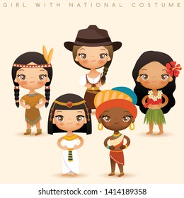 Girls in national costumes : Africa, Red Indian, Egypt, Hawaii and Cowboy : Vector Illustration