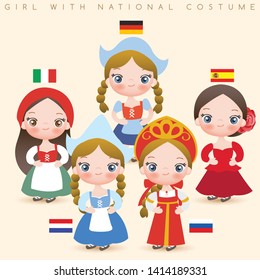 Girls in national costumes : in national costumes : Italy, Germany, Spain, Holland and Russia : Vector Illustration