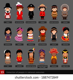 Girls in national costumes. Set of women dressed in traditional clothes. Collection of cute cartoon characters. People. Vector flat illustration.	