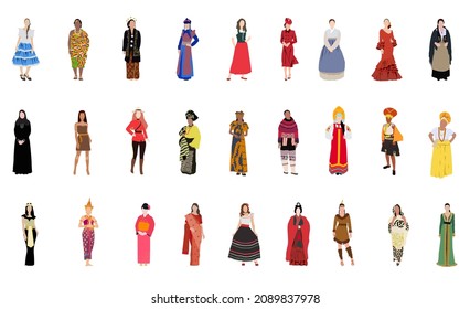 Girls in national costumes, Set of women dressed in national clothes, Vector flat illustration