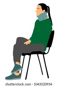 Girls neck in the collar of trench vector illustration.  Injured woman with neck brace sitting in ambulance. Waiting doctor in hospital. Medic help for patient. Broken vertebra. Health care Insurance