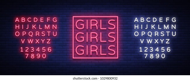 Girls neon sign. Night light sign, Erotica, Striptease, Neon banner for strip club. Adult show. Vector illustration. Editing text neon sign