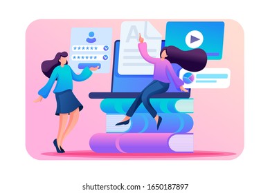 Girls in the network choose a training course. Online learning. Flat 2D character. Concept for web design