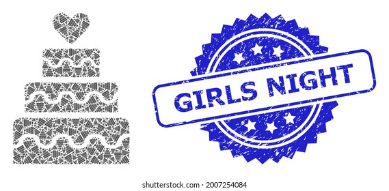 Girls Night corroded stamp seal and vector recursion mosaic marriage cake. Blue stamp seal contains Girls Night title inside rosette. Vector mosaic is made of randomized rotated marriage cake icons.