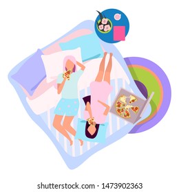 Girls night flat vector illustration. Girlfriends in pajamas eating pizza on bed cartoon characters. Sleepover, slumber party. Best friends spending time together, pastime. Female friendship concept