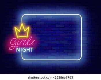 Noche de chicas de neón de publicidad. Fiesta de club nocturno con entrada gratuita para damas. Marco blanco vacío. Fiesta romántica de vacaciones. Copiar espacio. Trazo editable. Vector ilustración de stock