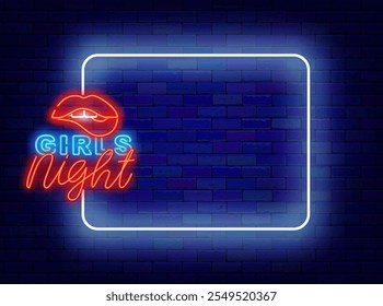 Girls night neon banner. Woman biting lips with red lipstick. Vector stock illustration