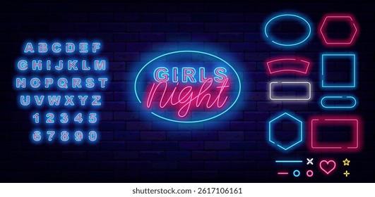 Girls night neon label. Ladies party. Free enter for female. Glowing blue alphabet. Vector stock illustration