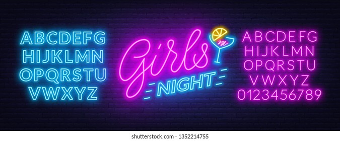 Girls Night Neon Lettering On Brick Wall Background.