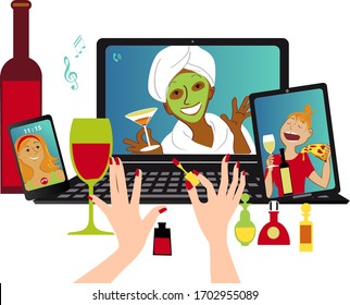 Girls night in on-line, hostess doing manicure, guests drink and do makeover over video chat on multiple devices, EPS 8 vector illustration