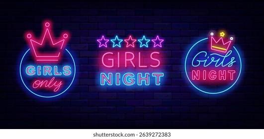 Girls night only neon emblems collection. Ladies party. Glowing labels. Free enter for female. Vector stock illustration