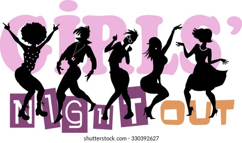 Girls' Night Out, EPS 8 vector illustration with black silhouettes of five dancing women, no transparencies