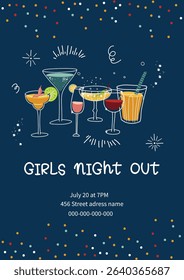 Girls night out invitation poster. Vector cute cartoon flat style colorful glasses of drinks, concept of ladys party, bachelorette, birthday, woman celebration