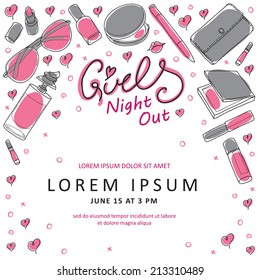 Girls Night Out Party Invitation Card Design In Vector. You Can Design Invitation Cards, Flyer, Thank You Card And So On. Girl Theme Design.