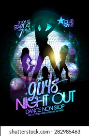 Girls night out party poster with three dancing go-go girls silhouette and disco balls.