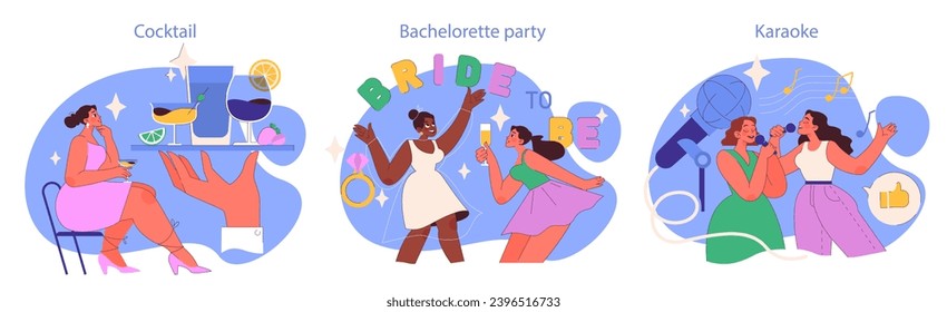 Girls Night Out set. Female friends going out together to celebrate with selfies, cocktails, and karaoke. Bachelorette, night club party with DJ. Flat vector illustration