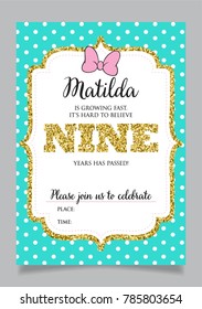 Girl's ninth birthday invitation, nine years old party. Printable vector template with tiffany color background with white polka dots and golden glitter elements.