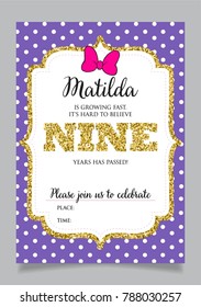 Girl's ninth birthday invitation, nine years old party. Printable vector template with violet background with white polka dots and golden glitter elements.