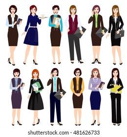 Girls in office clothes. Set of business woman character. Isolated on white background.