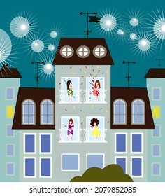 Girls on the balcony are drinking champagne, celebrating the New Year.Colorful houses, a narrow street, roofs of houses, tiles.Corporate party in a rented house, fireworks, firecrackers. Night old tow