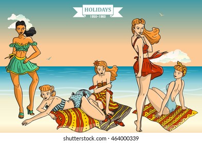 Girls on the beach. Characters collection on the beach background. Vector illustration.