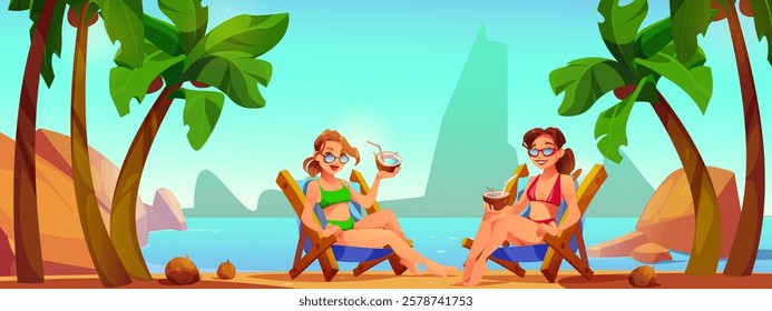 Girls on the beach in sunglasses sitting on a chaise longue, with a cocktail. Rest on the sea with palm trees. Summer vacation, vector, cartoon