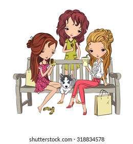 Girls on bench in the park. They eating ice cream and talk. All images are separate, on the different layers.