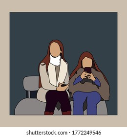 Girls on a bench in the waiting room. Vector color illustration.