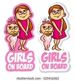 Girls on Board Sticker Set Vector Illustration