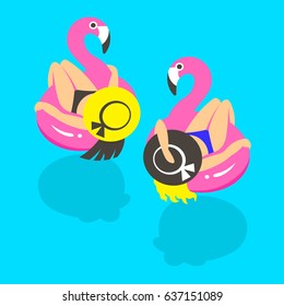 Girls on an inflatable pink flamingo in summer of swims and rests. Vector illustration.